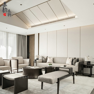 现代中式实木布艺客厅，沙发侘寂中古风，别墅样板房酒店会所休闲家具