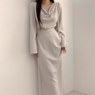 韩国chic秋季复古优雅褶皱设计不规则系带收腰显瘦纯色长袖连衣裙