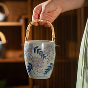手工提梁花瓶中式复古手绘紫藤荔枝花器插花陶瓷水果篮冰桶