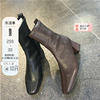 韩国东大门女鞋21秋复古车缝线方头弹力套筒马蹄方跟短靴