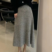 韩国东大门秋季女装法式复古气质高腰百搭棋盘格字半身长裙