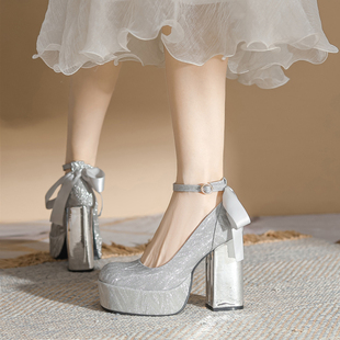 增高12cm小个子银色高跟鞋粗跟法式玛丽珍婚鞋厚底，防水台法式单鞋