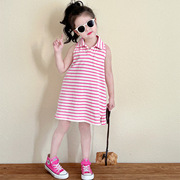 韩国童装女童粉色条纹polo连衣裙24夏季洋气无袖宽松T恤背心