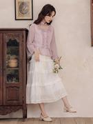 夏季紫色国风长袖衬衫女温柔风小衫短款上衣+白色蛋糕裙两件套
