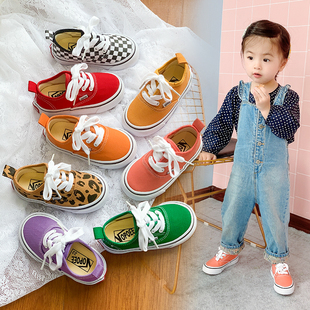韩版儿童帆布鞋夏季女童，小白鞋春秋男童时尚，豹纹板鞋宝宝格子布鞋