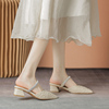 韩国夏季法式包头拖鞋温柔杏色仙女风粗跟中跟一字带水钻外穿凉拖