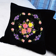 丝带绣抱枕4x4黑色绒布，套件不含枕芯，立体花卉非成品十字绣