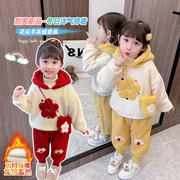 女童花朵连帽卫衣套装2023秋冬韩版儿童休闲运动羊羔绒两件套