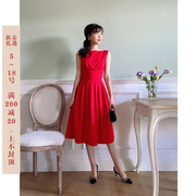 Vintage赫本风一字领高腰蓬蓬裙复古小红裙红色连衣裙礼服裙夏