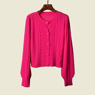 韩版麻花镂空针织开衫，外套春季外搭玫，红色毛衣单排扣长袖
