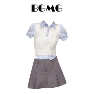 假两件拼接针织条纹，短袖衬衫女夏季学院风，百褶半身短裙两件套