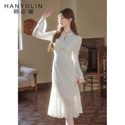 白色长袖新中式连衣裙2023女秋冬季高级感气质设计感长袖裙子