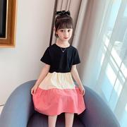 女童撞色连衣裙夏季韩版中大童时髦洋气，蛋糕裙女宝宝短袖童装裙子