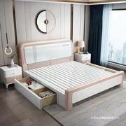 全实木床简约现代白色1.8米双人床，主卧婚床轻奢1.5米储物高箱床