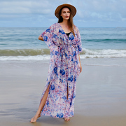 波西米亚海边度假大码沙滩裙，两件套v领雪纺，连衣裙开叉女士长裙