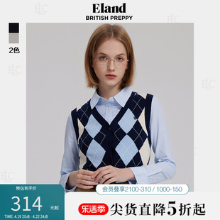 eland衣恋马甲背心，女格纹v领短款提花，针织衫马夹学院风