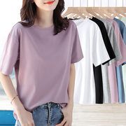 紫色短袖t恤女2024夏季宽松显瘦休闲圆领，纯色纯棉上衣打底衫