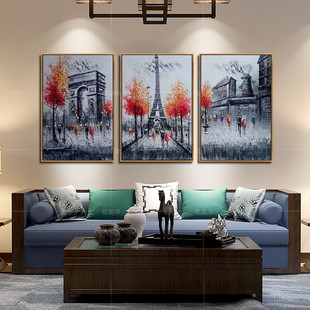 客厅油画组合黑白手绘装饰画，立体挂画简欧式沙发背景两联巴黎街景