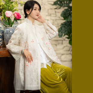 jcl1145品质堪比绣花蕾丝欧根纱，新中式复古风衣，中长外套外披