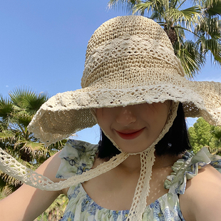 帽子女大帽檐草帽防晒遮阳遮脸夏季蕾丝大头围沙滩海边夏天太阳潮