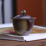 柴烧盖碗纯手工无釉裸烧陶泥茶具柴窑自然落灰中式复古泡茶碗