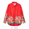 欧美女装  中国风复古红色大花长袖缎面衬衫宽松气质东北印花衬衣