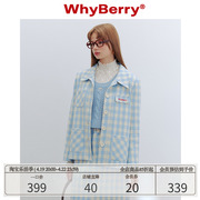 WhyBerry 24SS“海盐气泡”蓝白格子短外套垫肩直筒夹克套装早春