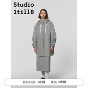 Studio1till8｜进口面料浅杂灰抽绳连帽长款设计感秋冬风衣外套女