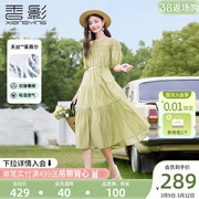 香影连衣裙女夏季2024气质，莱赛尔天丝绿色，高腰泡泡袖法式裙子