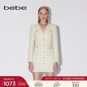 bebe2023春夏系列女小香风，粗花呢收腰格纹，v领长袖连衣裙150005