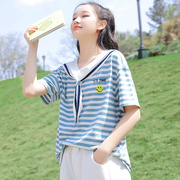 日系少女短袖t恤森系夏装2023新学院(新学院)风宽松半袖海军领初中生上衣
