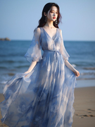 超好看沙滩裙仙气飘飘的仙女裙蓝色雪纺连衣裙子夏季2024女装