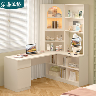 法式奶油风转角书桌书架，组合梳妆台一体，卧室拐角书柜电脑桌学习桌