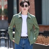 海宁真皮皮衣男外套，短款翻领韩版时尚，修身浅绿色皮夹克男装潮