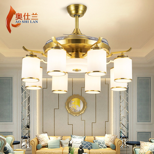 全铜隐形风扇灯客厅吊扇，灯轻奢欧式灯吊扇，卧室豪华餐厅led电扇灯