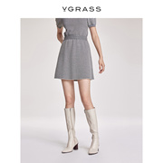 vgrass赫本风全羊毛，格纹气质半身裙，女春复古短裙vzb3o12020