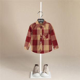 伯米吉春秋男童纯棉方格长袖，衬衫简约百搭英伦，风翻领格子衬衫1490