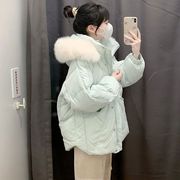 大毛领蓝色菱格棉服女冬季2023年高级感超好看小个子韩系外套