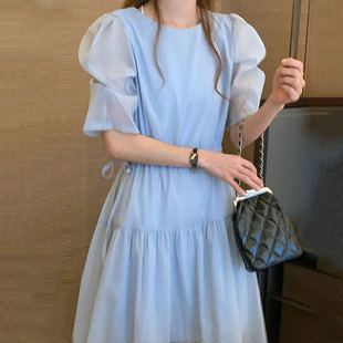 韩系蓝色泡泡袖连衣裙女夏季法式温柔圆领褶皱抽绳收腰显瘦长裙子