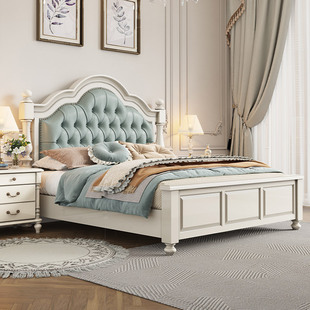 美式实木床1.5m1.8m实木双人床头层牛皮奶油白软包全实木主卧婚床