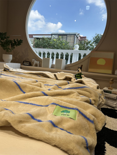 超柔顺加厚兔兔绒毛毯，驼色条纹泰迪绒，午休毯盖毯卧室沙发休闲居家