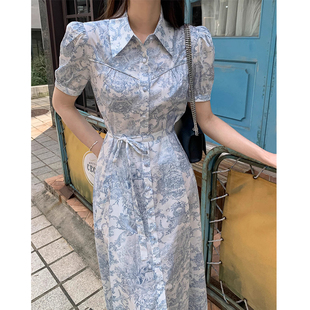 韩国chic春夏法式优雅翻领系带收腰显瘦水墨印花短袖连衣裙配腰带