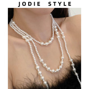 韩国春夏珍珠法式优雅长项链毛衣链女晚宴气质多层叠链颈链