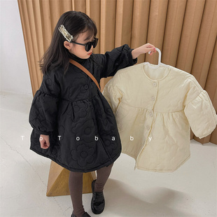 2023冬季韩国童装女童韩版刺绣，绗线小棉裙儿童泡泡袖加厚棉衣外套