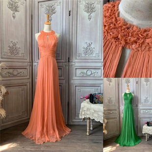 k100橘色绿色真丝连衣裙钉珠，长款a字裙度假聚会礼服silk简约