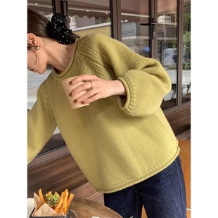 法式洋气黄色针织衫毛衣，套头2023女秋季粗棒针，宽松慵懒风上衣