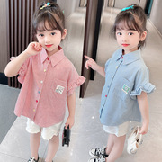 女童夏季衬衫小方格香风刺绣幼儿园学生花边木耳边棉布网红短袖衣