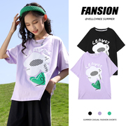 女童短袖韩版t恤紫色夏季纯棉宽松洋气中大童卡通印花上衣潮夏装
