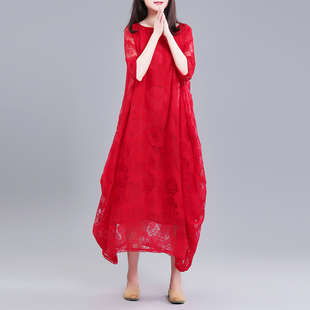 超仙气红色连衣裙气质文艺，复古蕾丝度假旅拍长裙，宽松民族风a字裙