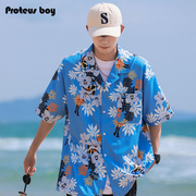 proteusboy短袖衬衫男款，夏季男士度假夏威夷休闲花色衬衣外套